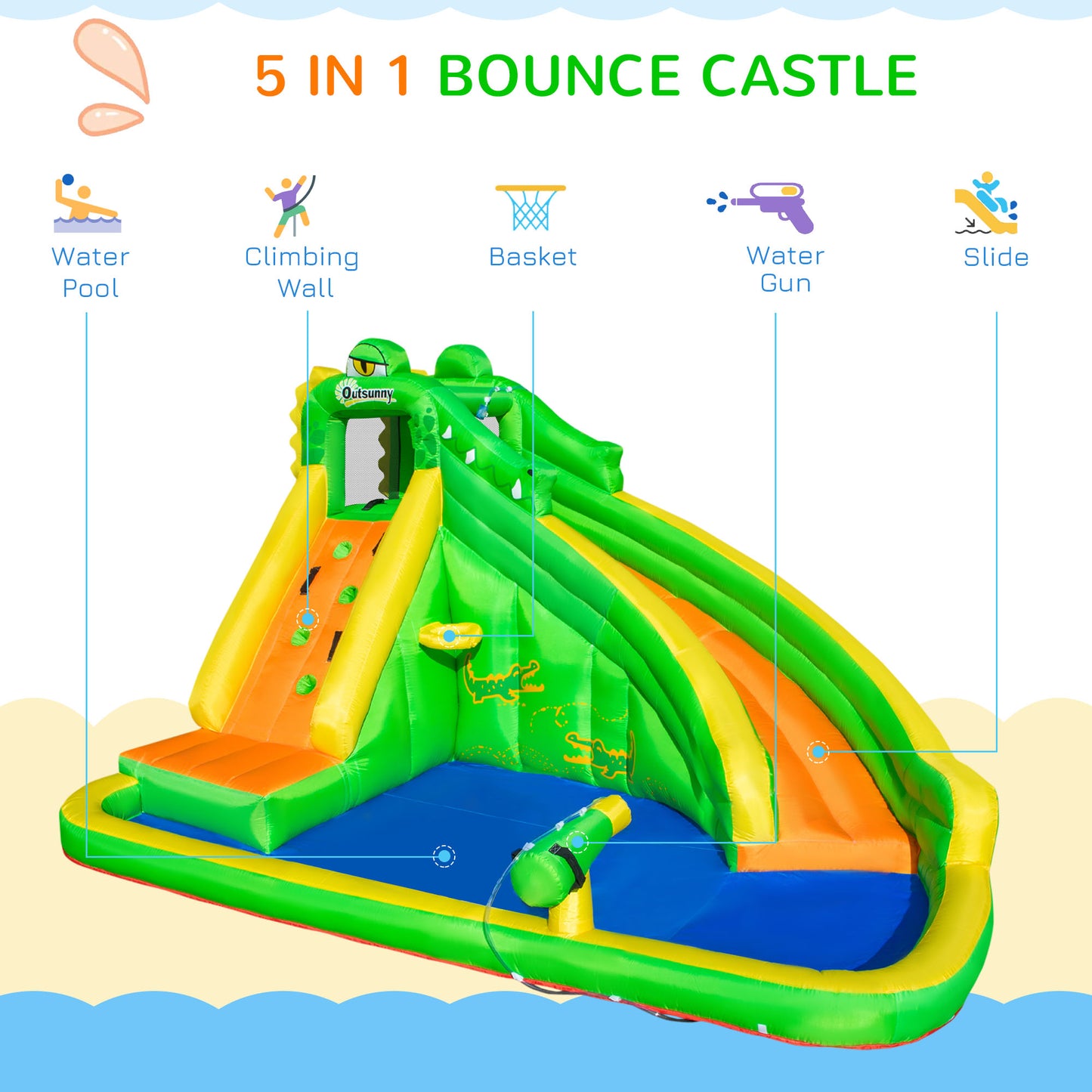 Kids Bouncy Castle, 5 in 1 Large Crocodile Style Inflatable House
