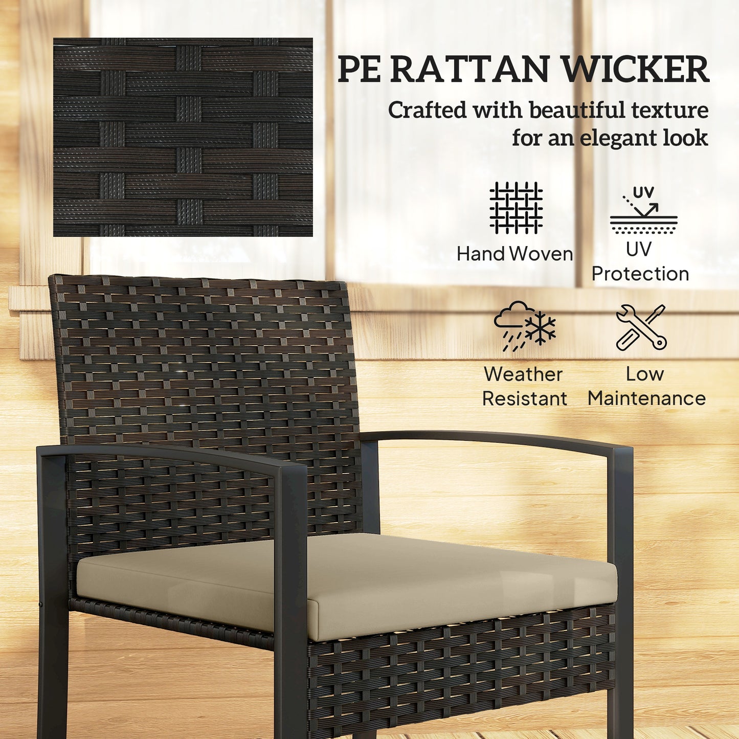 Rattan Bistro Set, 3 Piece Garden Furniture Set with Glass Top Table
