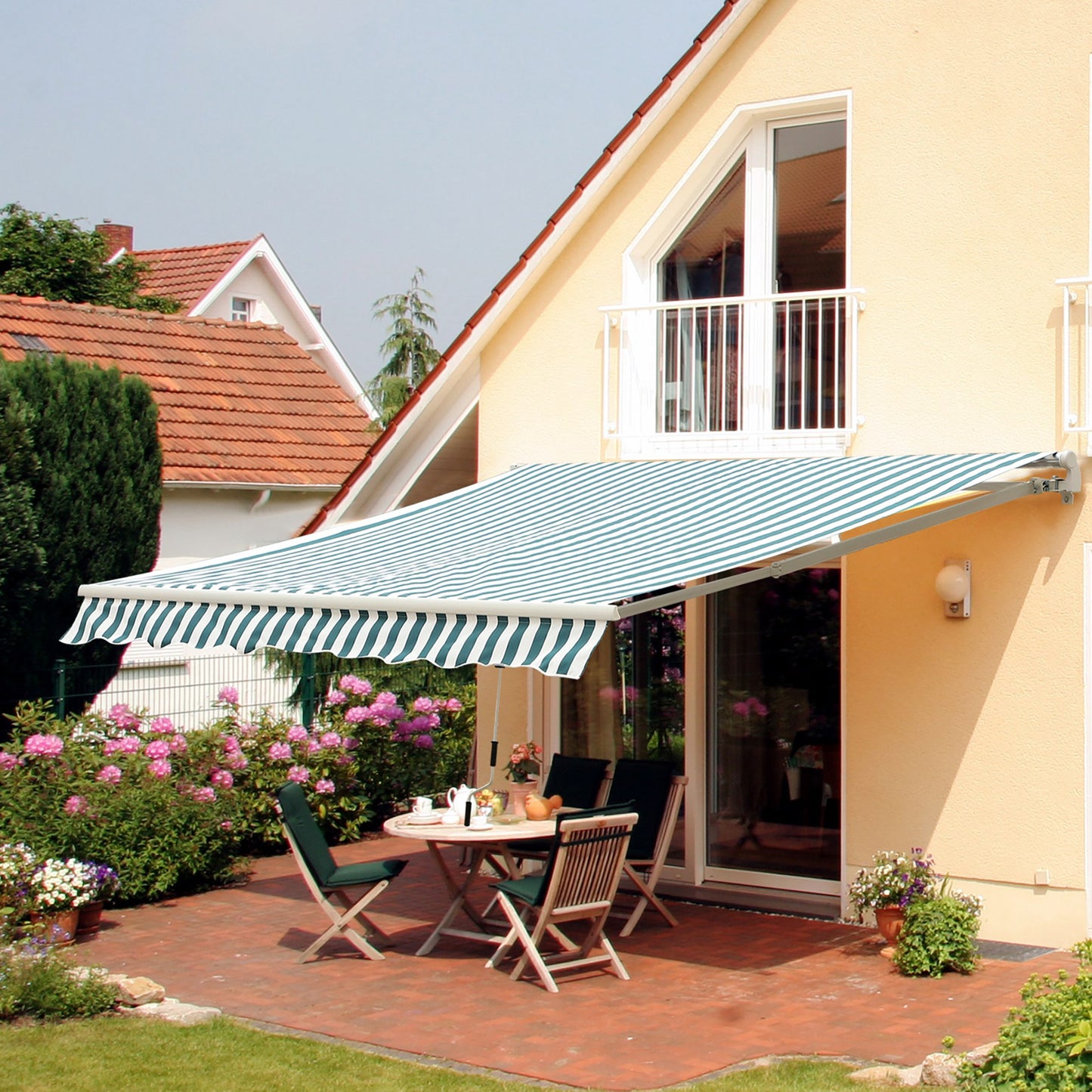 Manual Retractable Awning, size (4m x3m)-Green/White Stripes