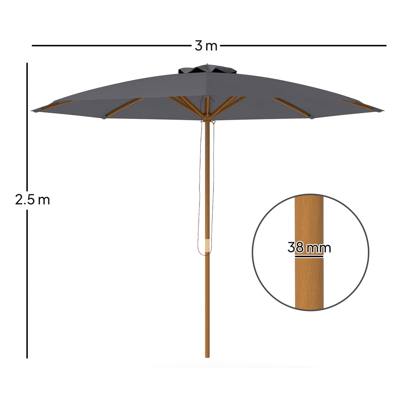 3m Wood Pole Parasol Umbrella
