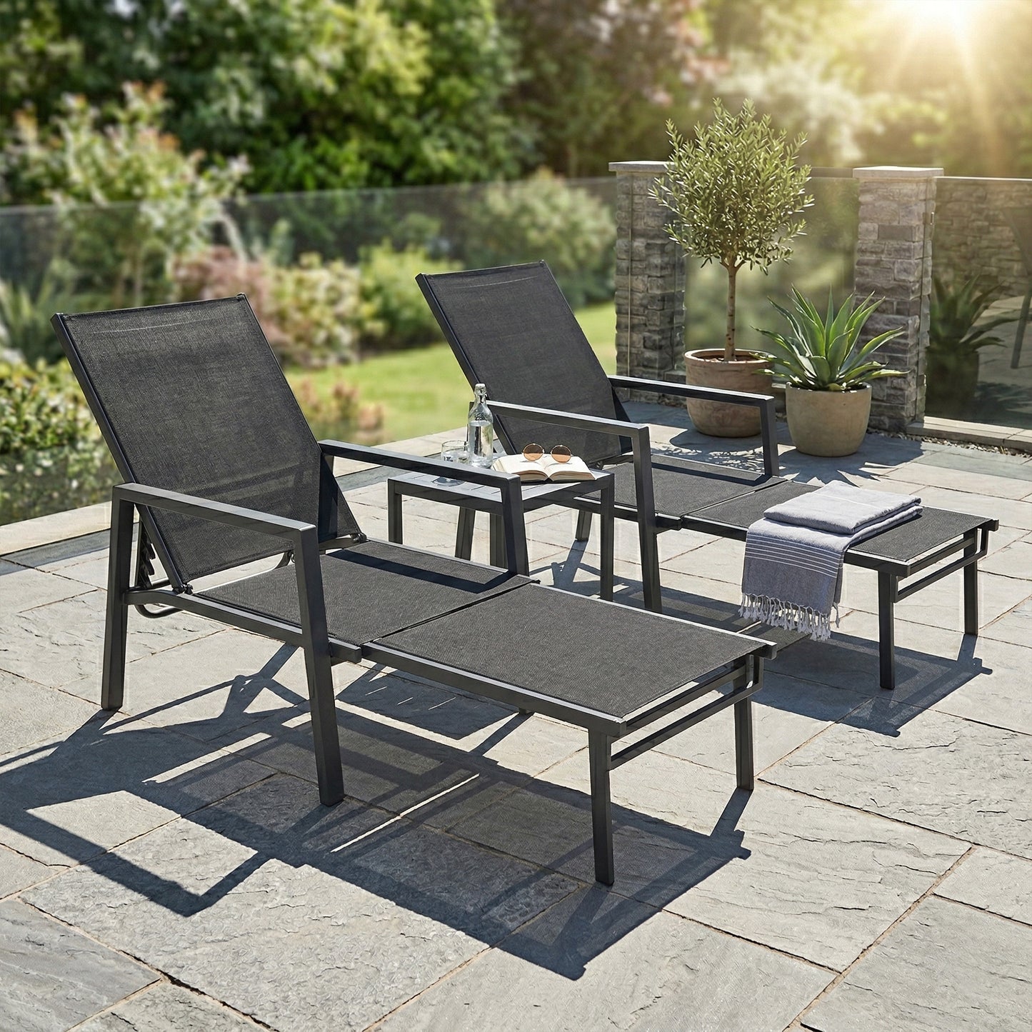 Sun Loungers Set of 2 Retractable Footrest 5-Position Adjustable