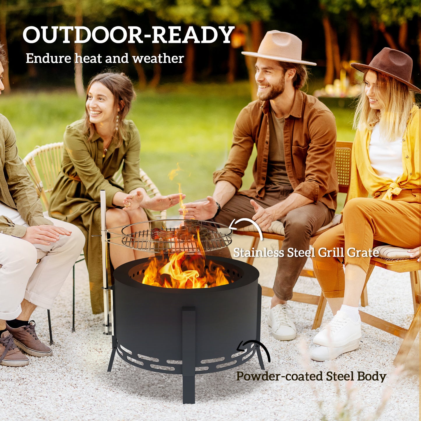 Portable Fire Pit, 58 cm Round Firepit with Grill Grate