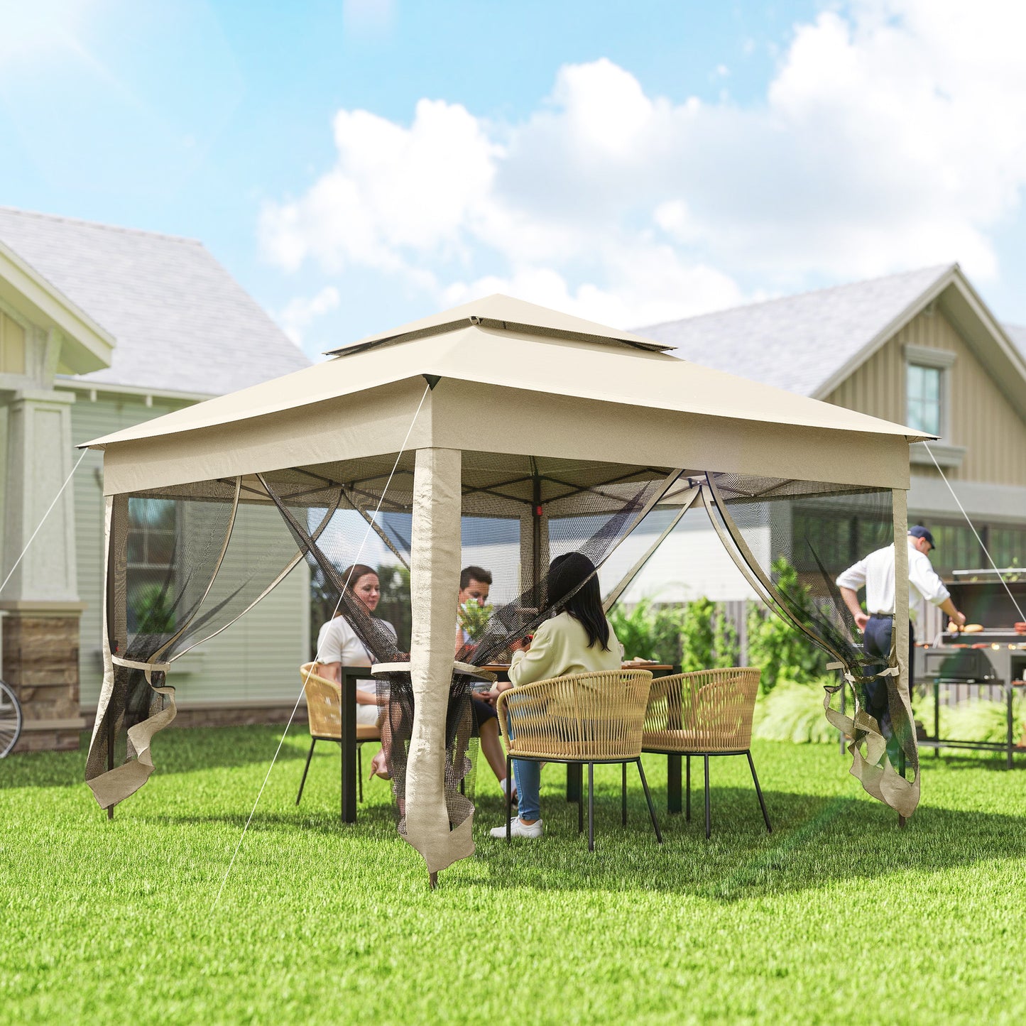 3 x 3(m) Pop Up Gazebo, Double-roof Garden Tent with Netting
