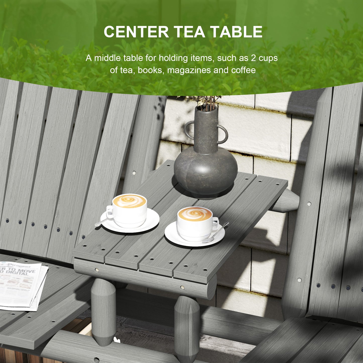 Wood Patio Chair Bench 2 Seats w/ Centre Coffee Table, Garden Bench