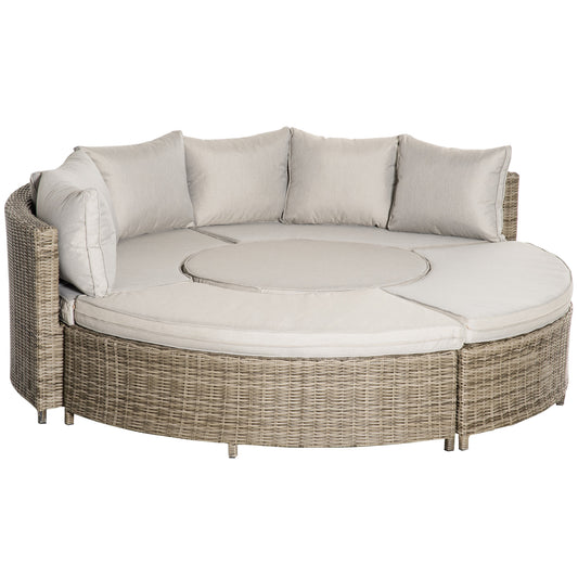 5 Pieces Outdoor PE Rattan Round Garden Daybed with Cushions