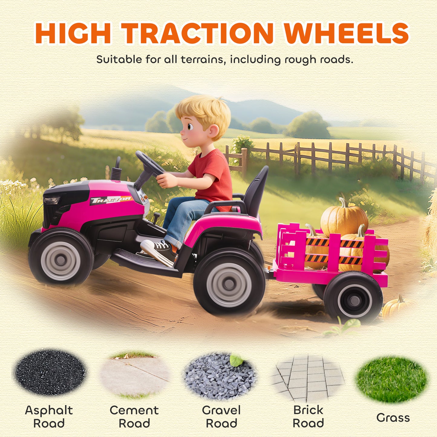 12V Ride on Tractor and Trailer with Remote Control, Music, Shifter