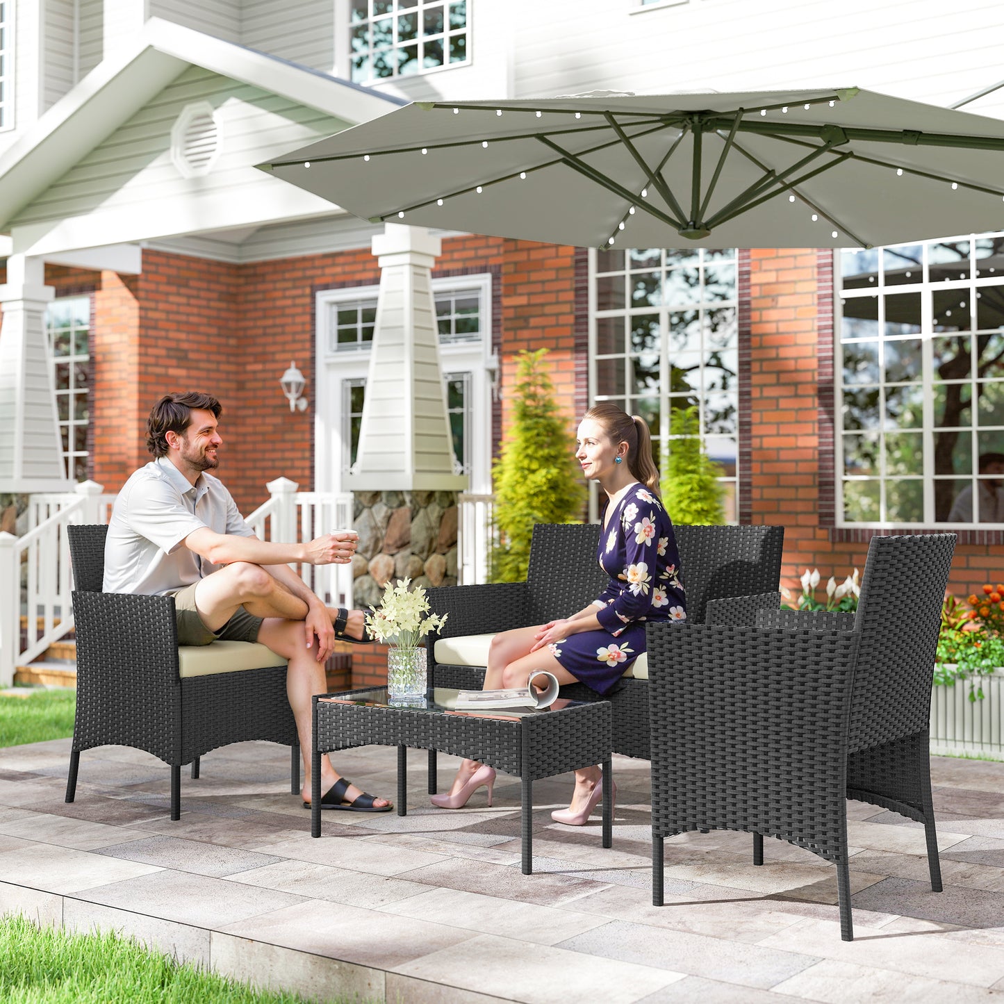 4 Piece Rattan Garden Furniture Sofa Set with Loveseat, Armchairs