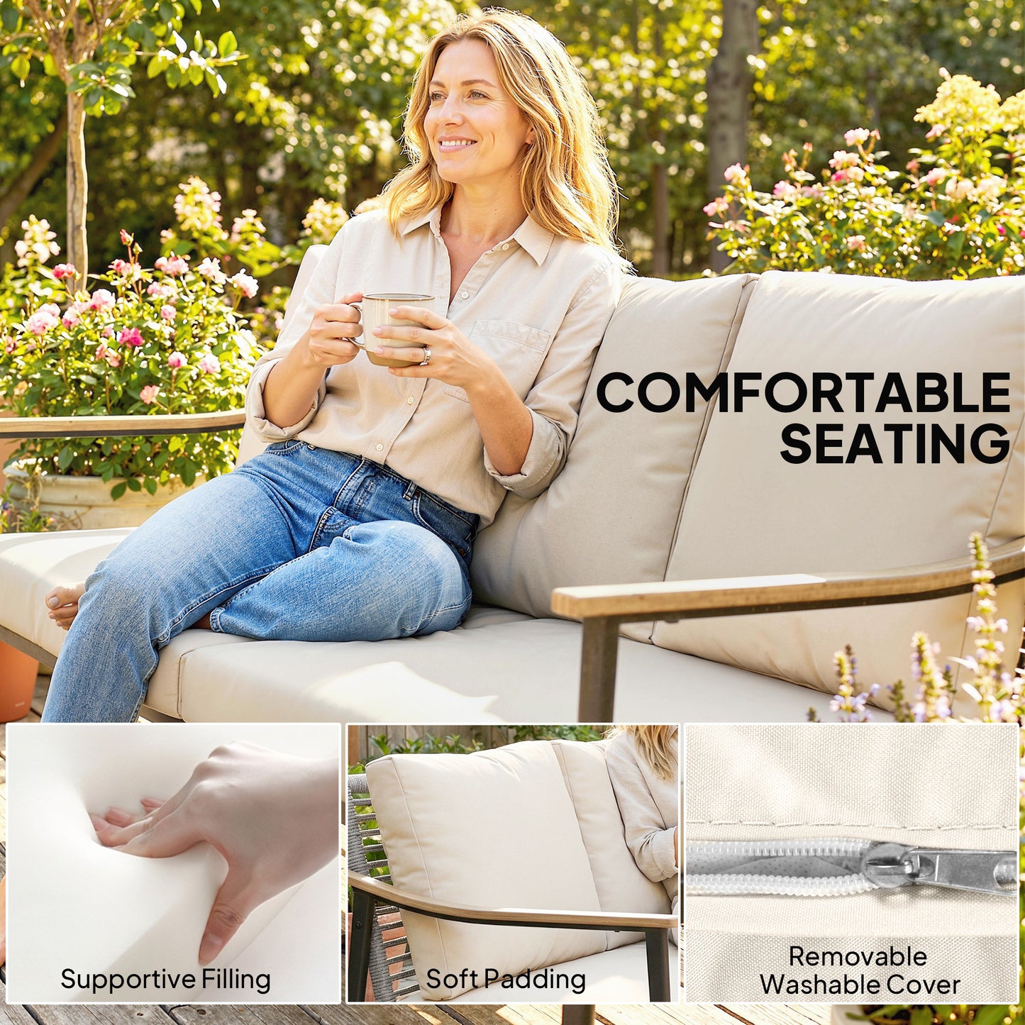 3 Seater Rattan Sofa, Outdoor Garden Sofa with Wood-Effect Armrests