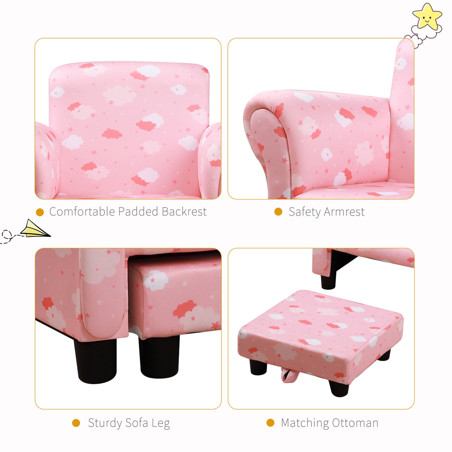 Toddler Chair Children's Armchairs Wood Frame w/ Footrest Anti-Slip