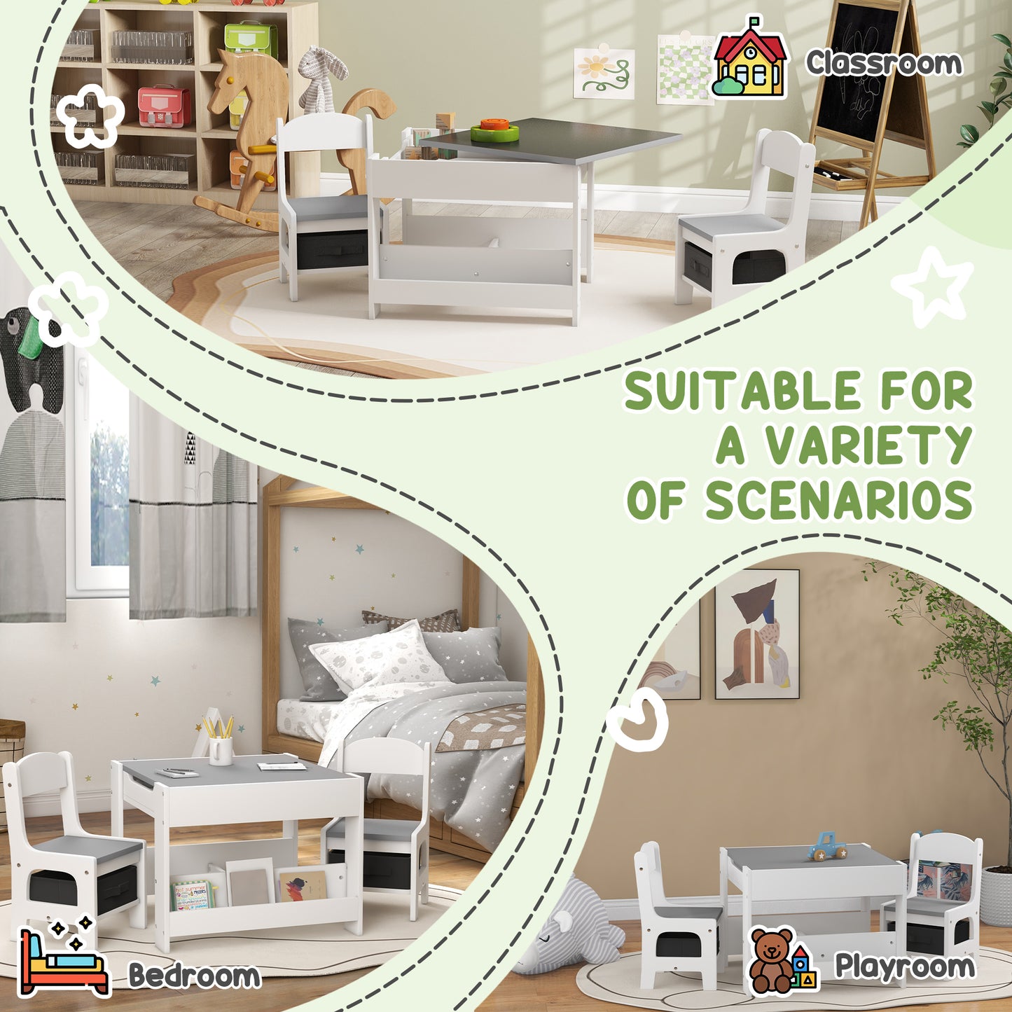 Three-Piece Kids Table and Chair Set with Blackboard, Storage