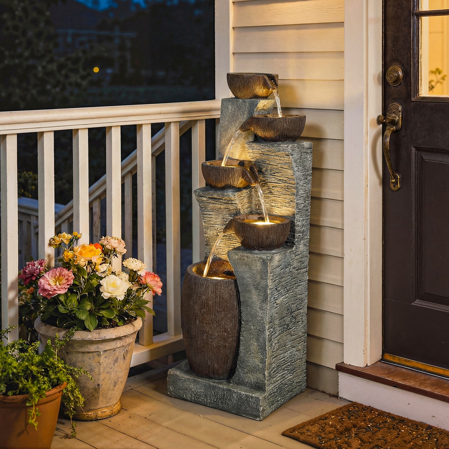 Outdoor Fountain with 5-Tier, Garden Fountain with LED Lights