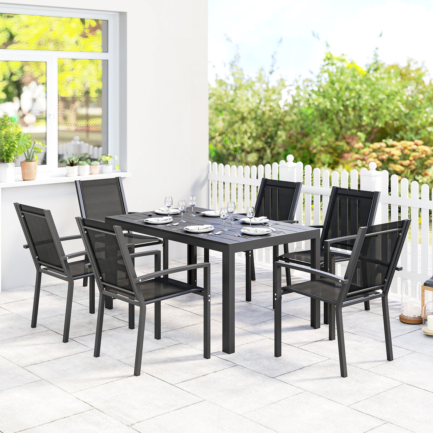 Seven-Piece Garden Dining Set, with Plastic Wood-Top Table