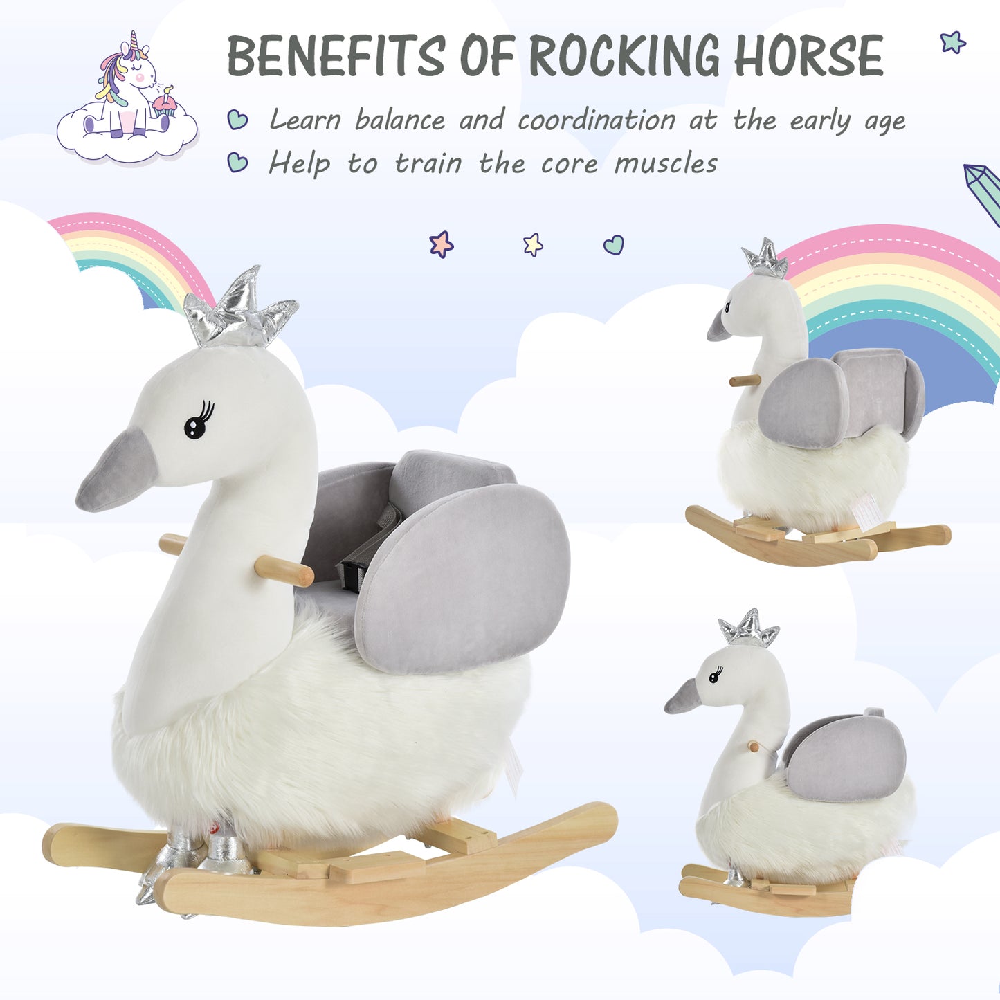 Kids Rocking Horse, Children Plush Ride On Swan Animal Rocker w/