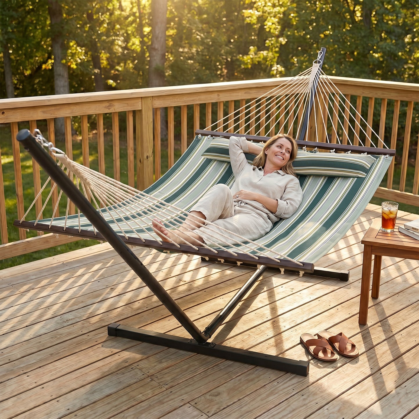 Outdoor Hammock with Stand Detachable Pillow Striped Swing Steel