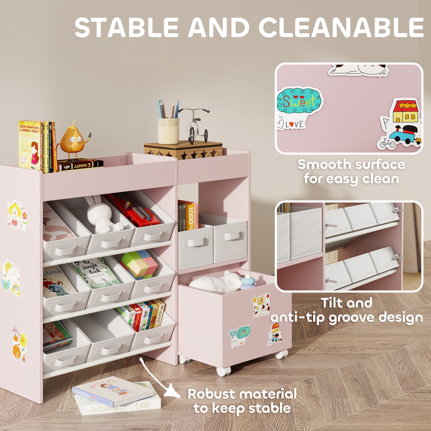 Kids Toy Storage Unit with 11 Bins, Cabinet, Top Shelves, 3 Stickers