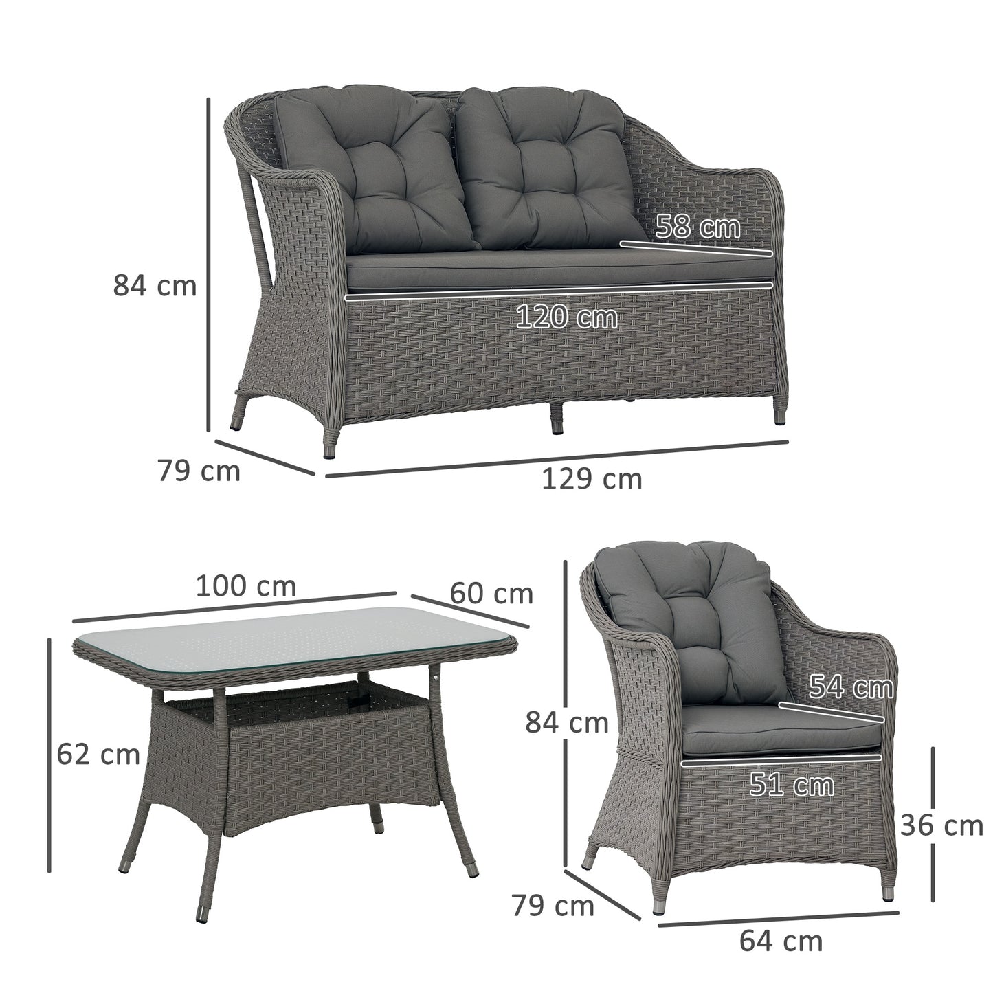 Four-Piece Rattan Set, with Glass-Top Table