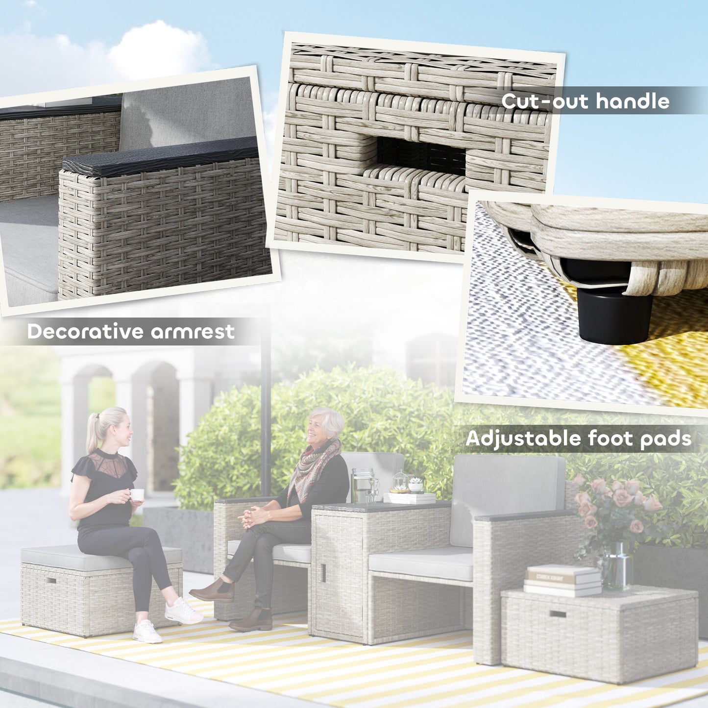 5 Piece Rattan Garden Furniture Set with Storage Table, Footstools