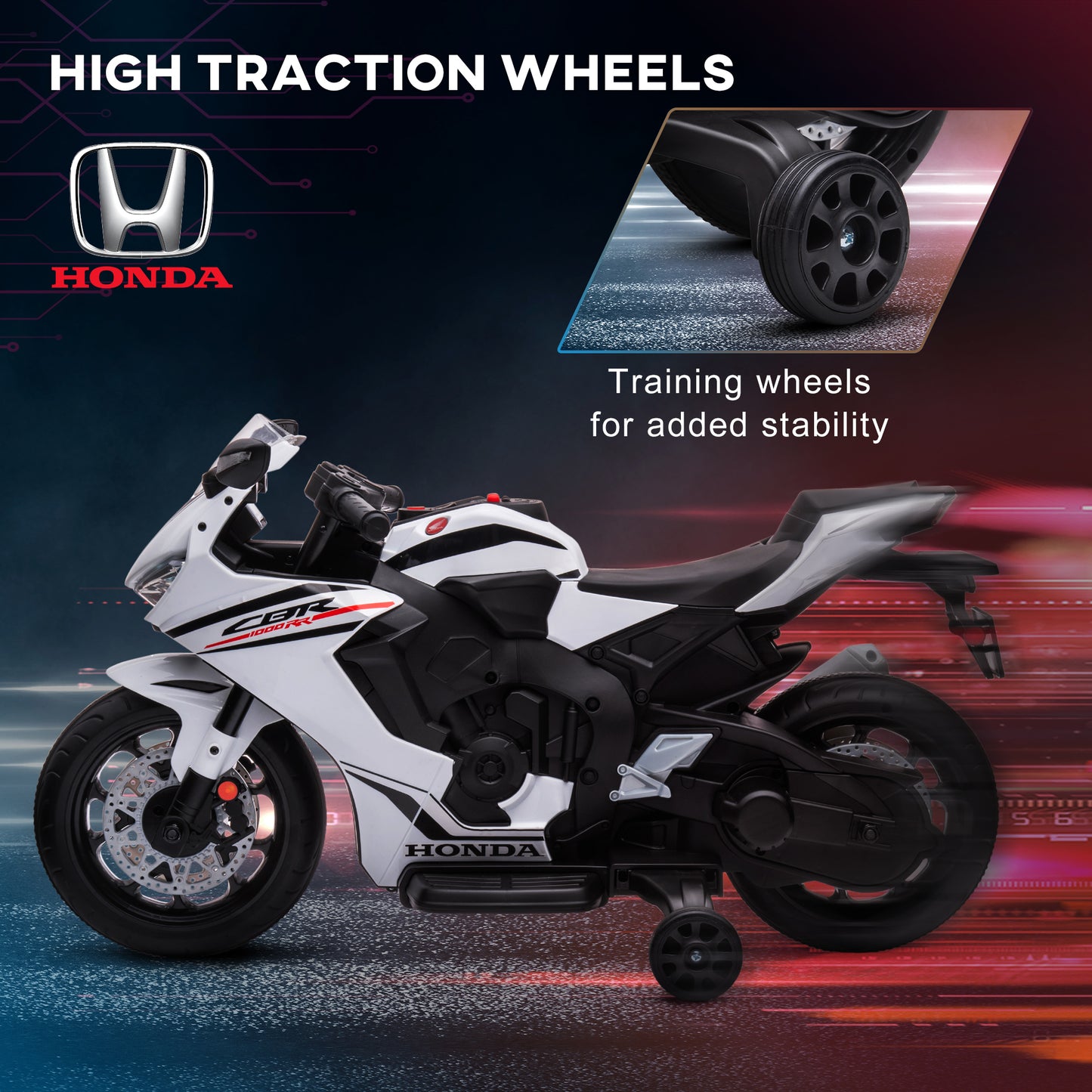 6V Honda Licensed Kids Motorcycle w/ Music, Training Wheels