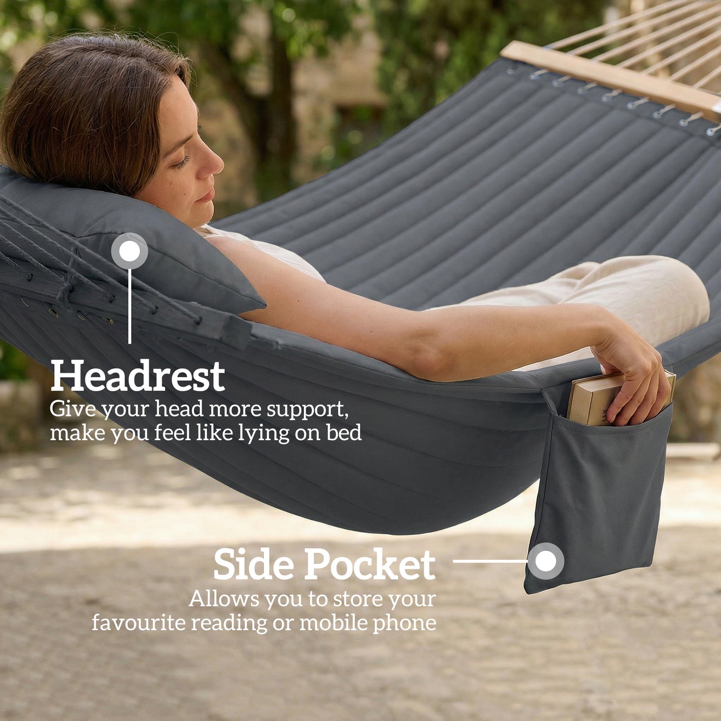 Double Hammock 2 Person Swing Bed with Spreader Bars, Pillows, Pad