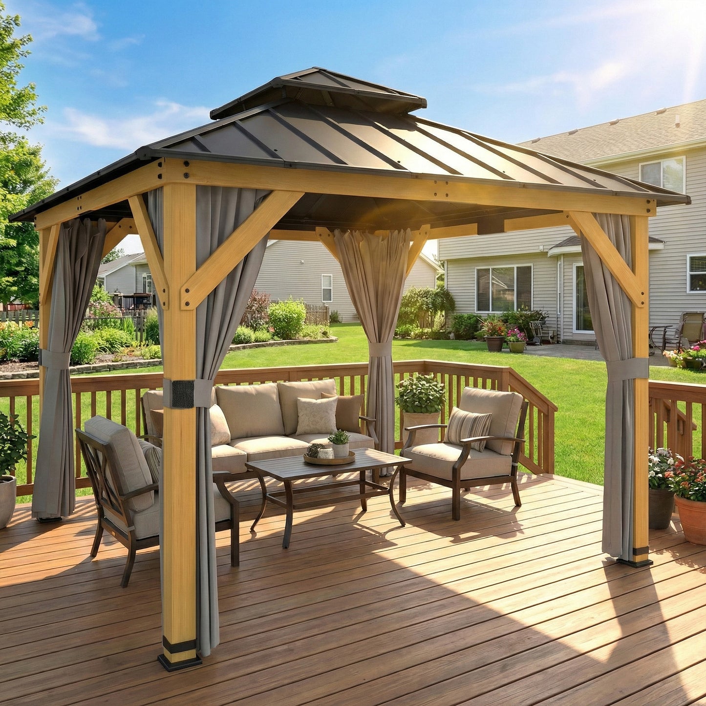3 x 3 m Outdoor Hardtop Gazebo Canopy with 2-Tier Steel Roof