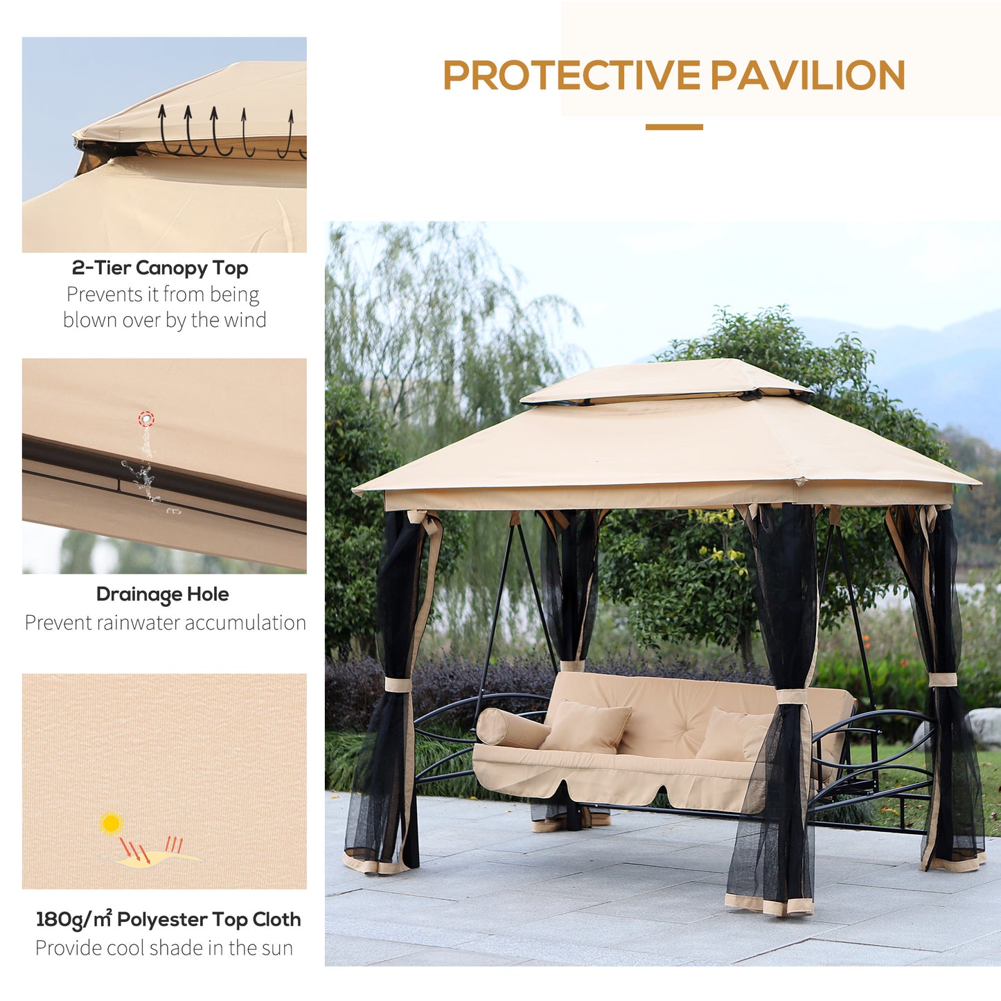 3 Seater Swing Chair 3-in-1 Convertible Garden Swing Seat Bed