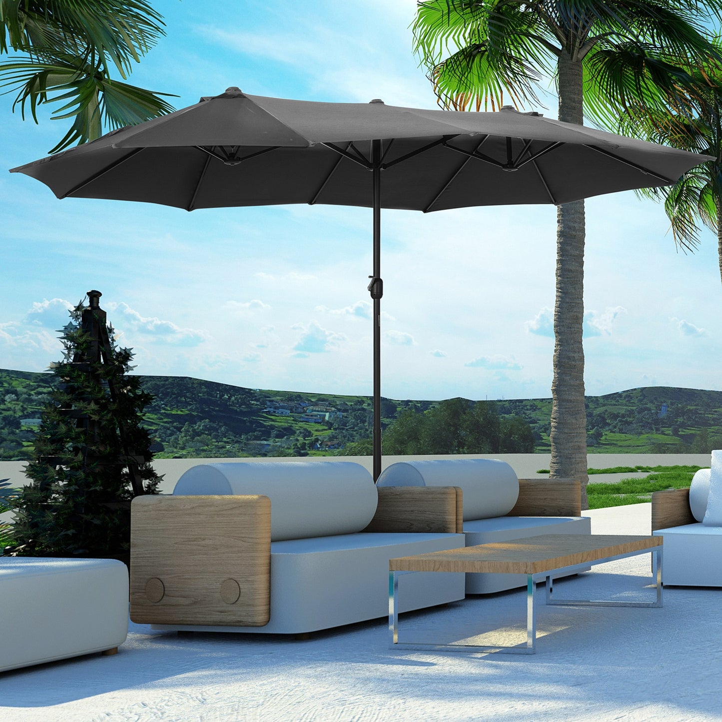 4.6M Sun Umbrella Canopy Double-sided Crank Sun Shade w/ Cross Base (1)