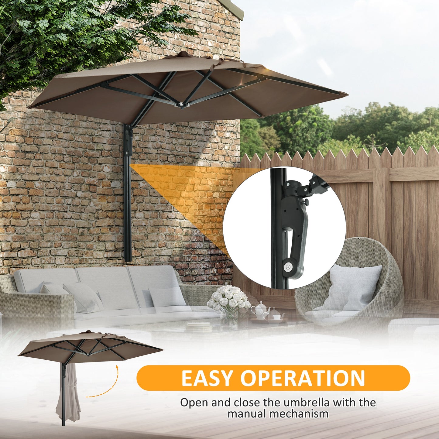 2.5m Wall Mounted Parasol, Hand to Push Outdoor Patio Umbrella
