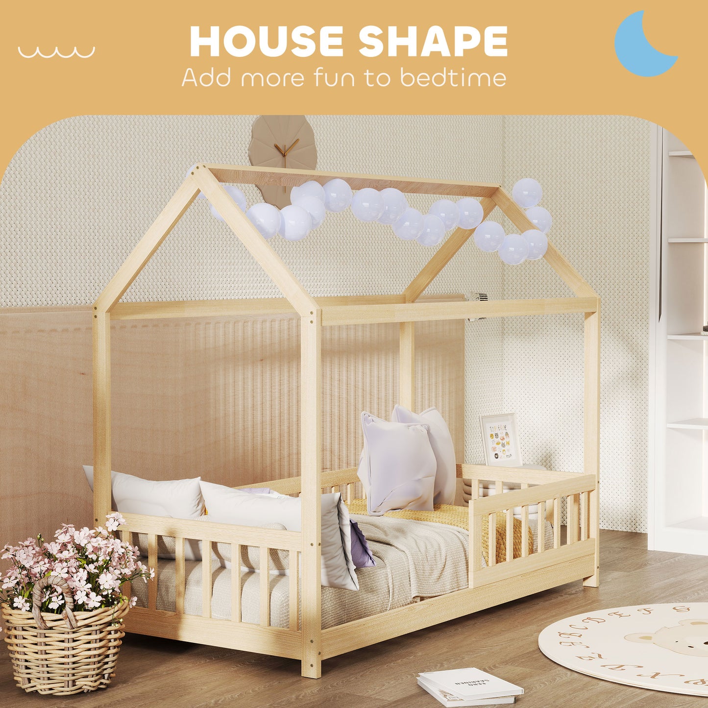 House-Shaped Kids Bed Frame with Guard Rails