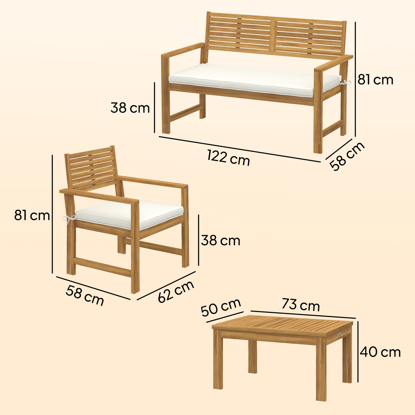4 Seater Wooden Garden Furniture Set with Loveseat, Armchairs, Table