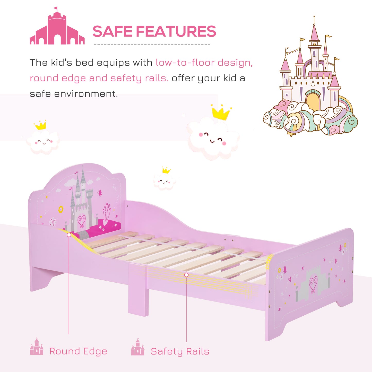 Kids Bed Princess Castle Theme w/ Side Rails Slats Home Furniture
