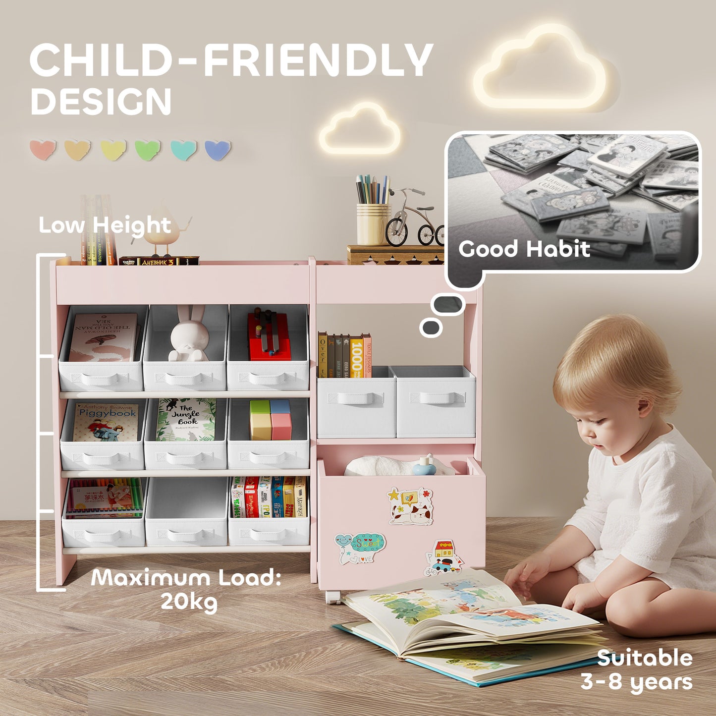 Kids Toy Storage Unit with 11 Bins, Cabinet, Top Shelves, 3 Stickers
