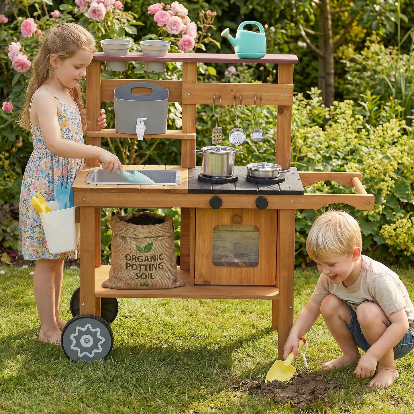 Wooden Mud Kitchen with Wheels, Stove, Faucet, Flower Pots
