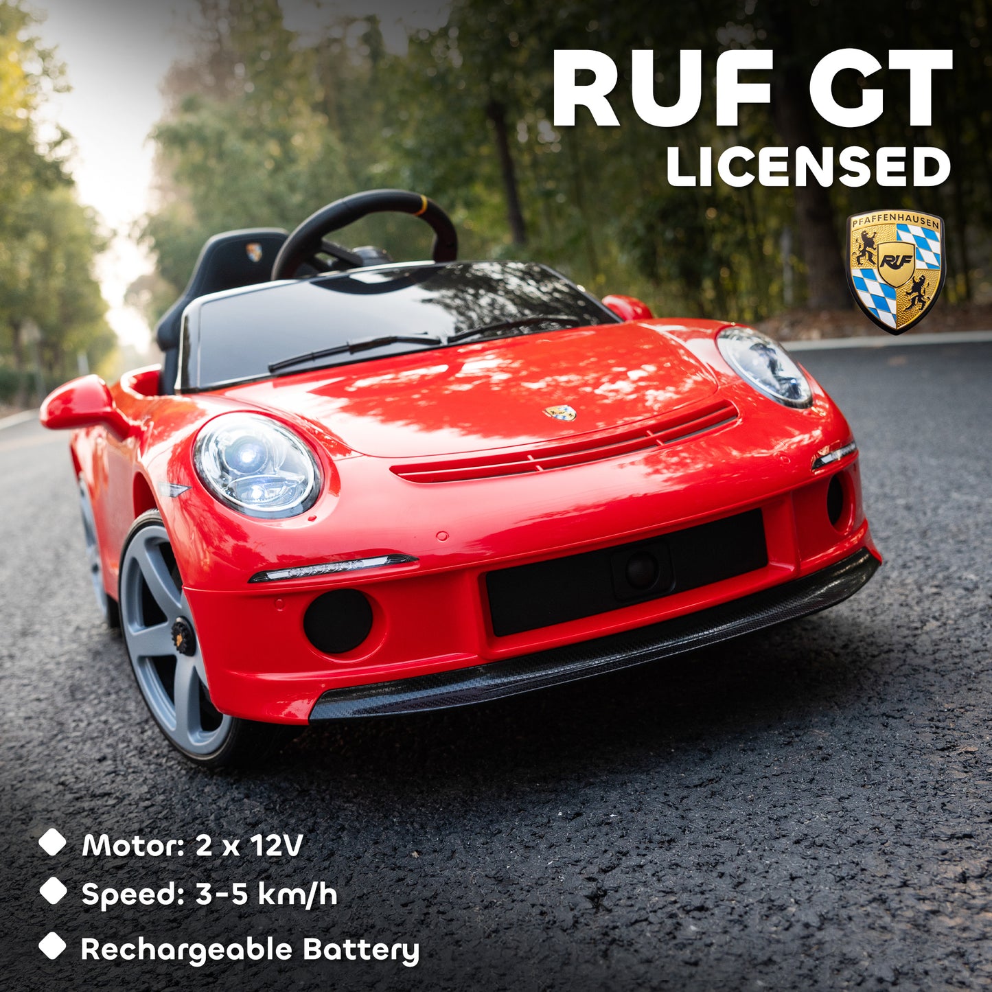 Kids Electric Car, 12V Licensed RUF GT Ride on Car with Suspension