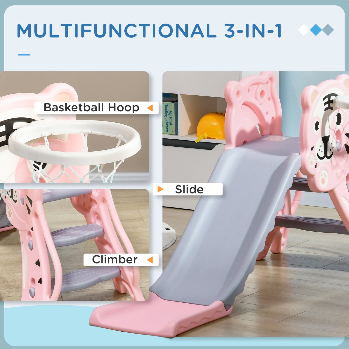 3 in 1 Baby Slide for Indoor Use with Climber, Basketball Hoop