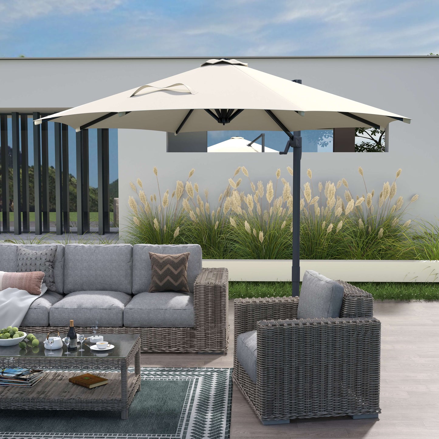 Round Umbrella Parasol W/ Tilt 360° Rotation and Hand Crank Cross Base