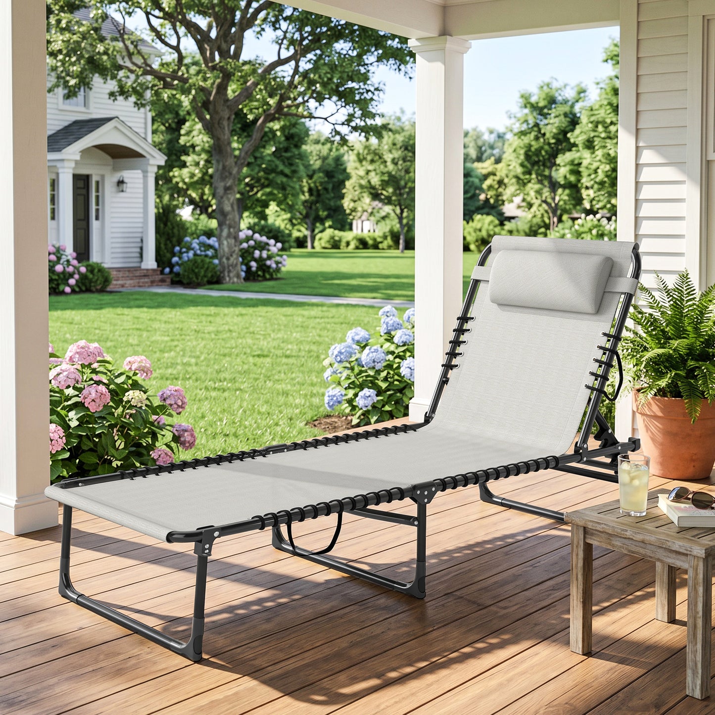 Foldable Sun Lounger, Outdoor 4 Level Adjustable Backrest Reclining
