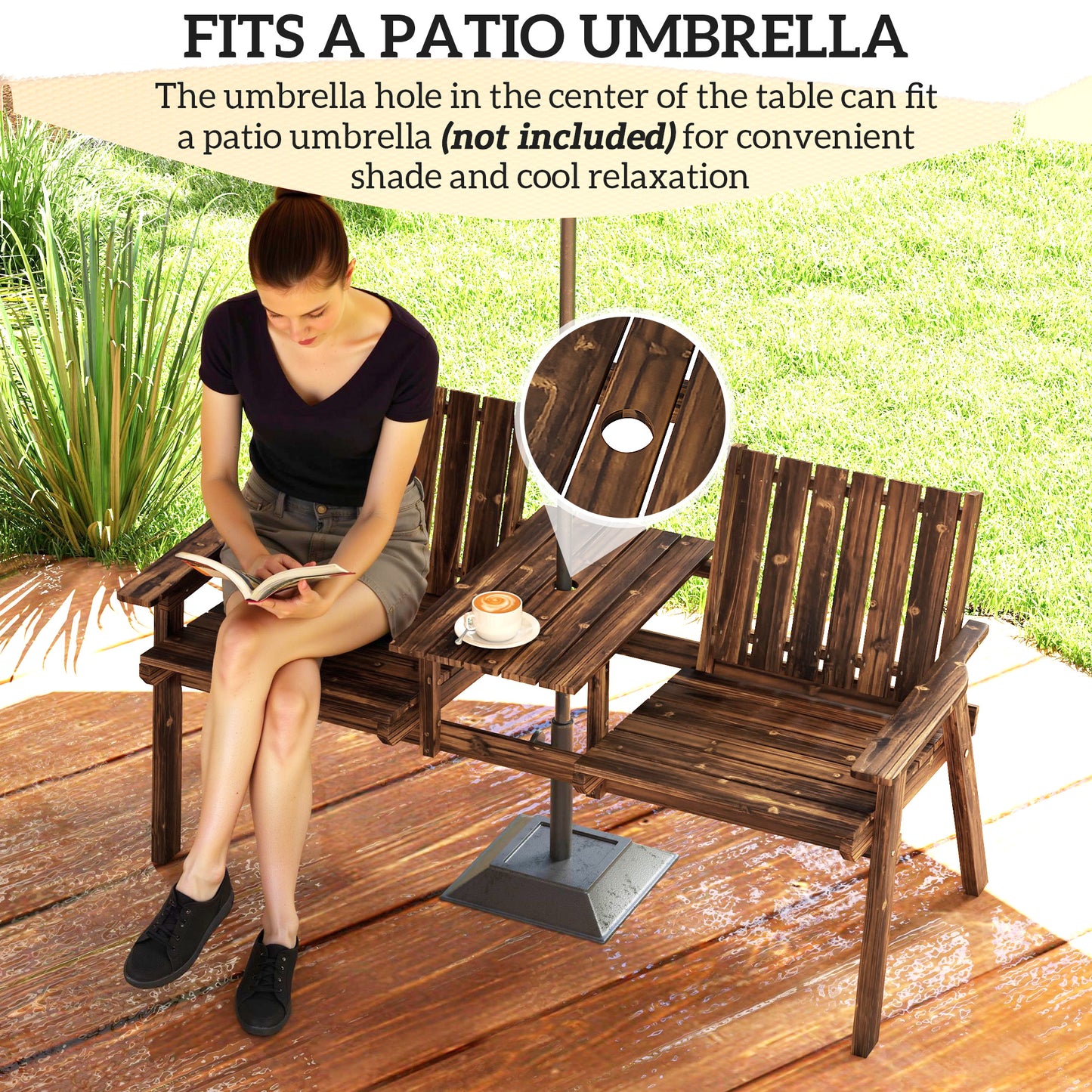 2-Seater Garden Loveseat with Table and Parasol Hole for Porch, Patio