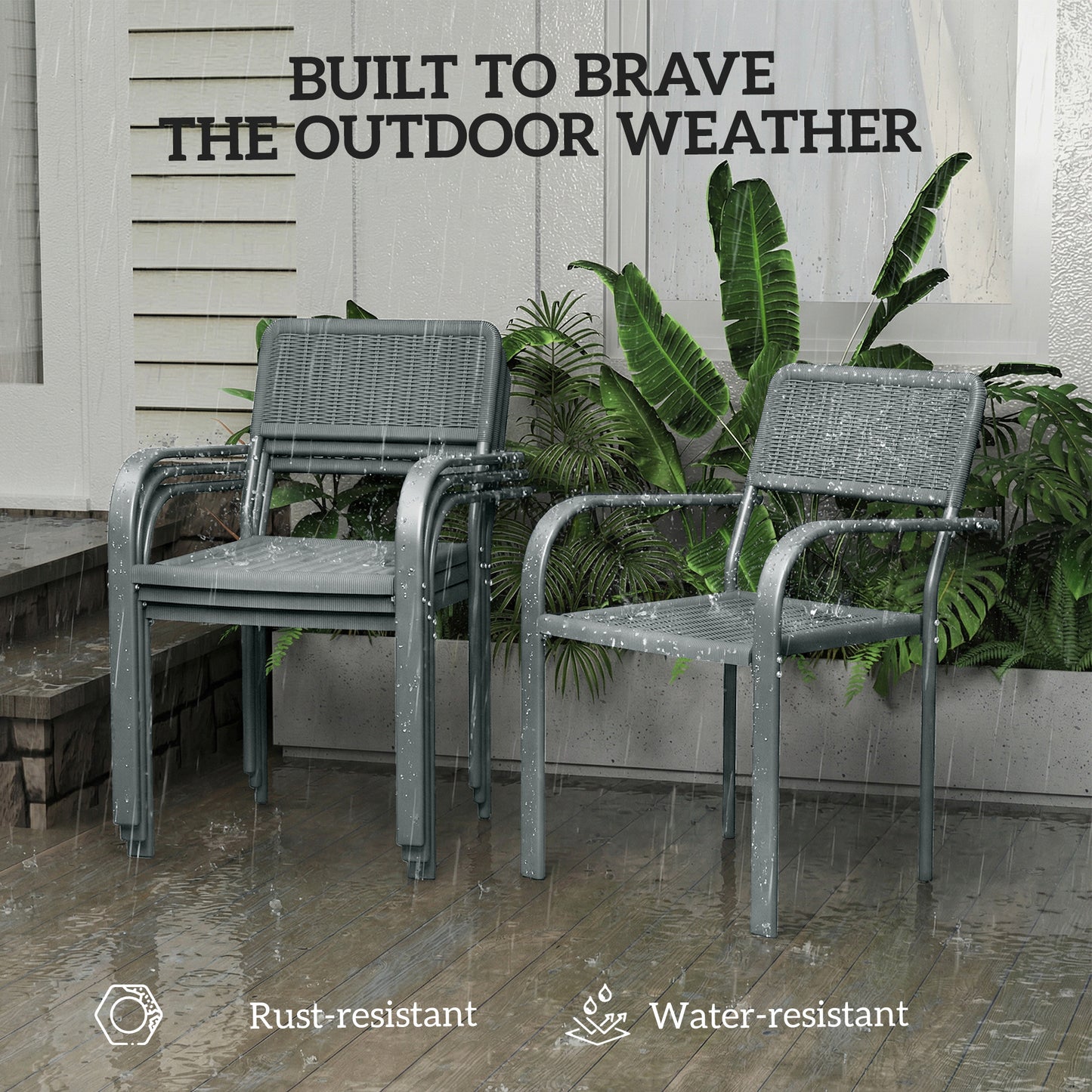 Stackable Garden Chairs Set of 4, Rattan Effect Outdoor Dining Chairs