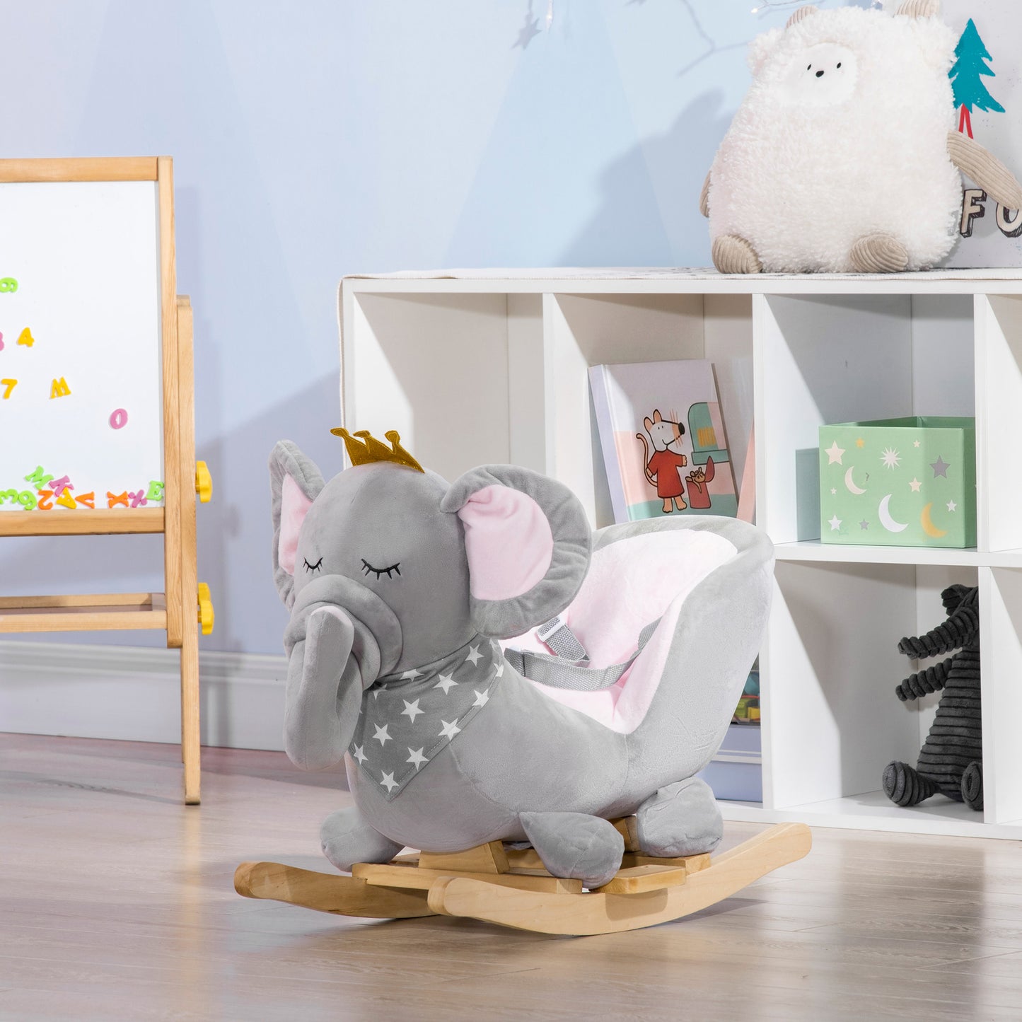 Kids Elephant-Designed Rocking Horse, with Safety Belt, Wooden Base