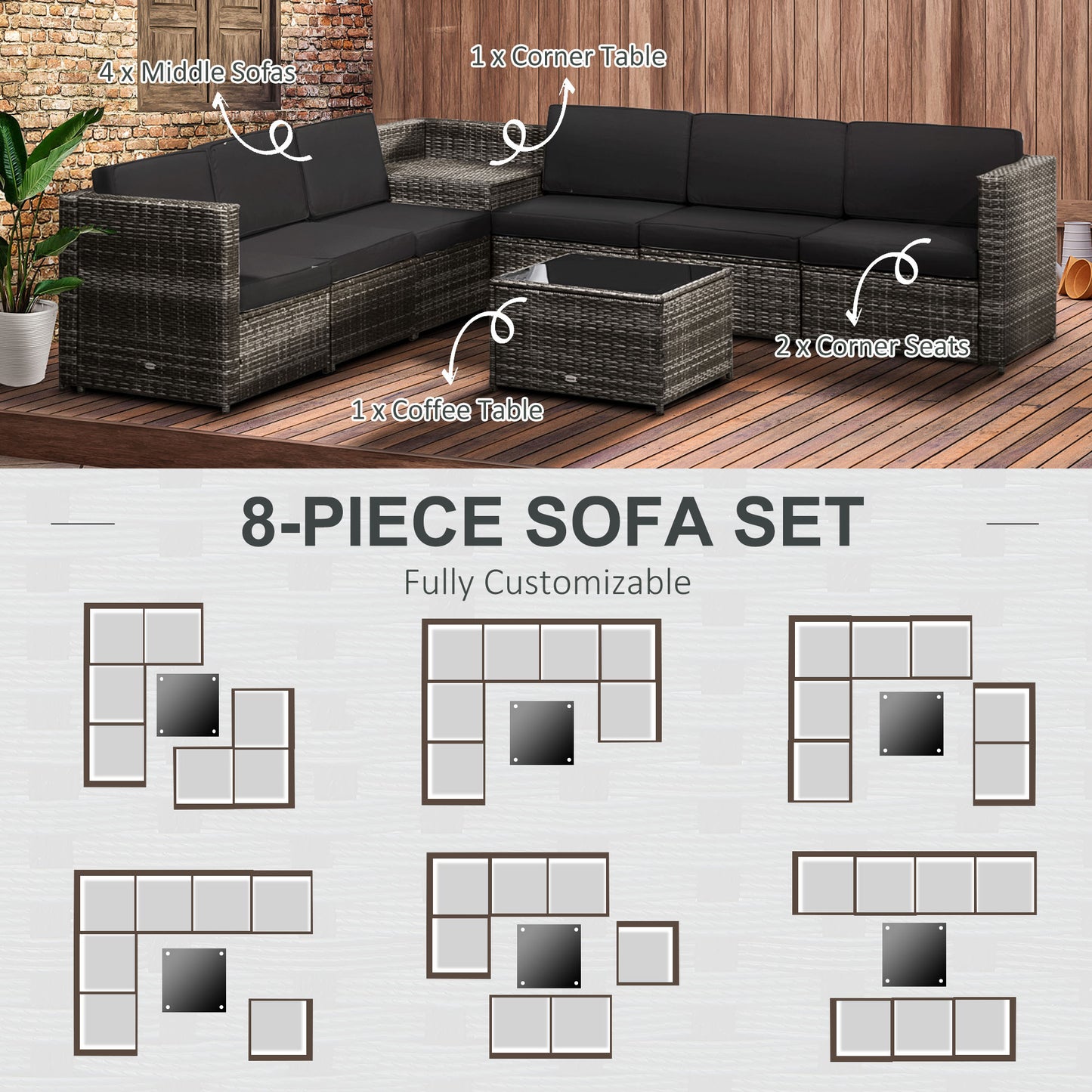 6-Seater Rattan Sofa Furniture Set W/ Cushions, Steel Frame