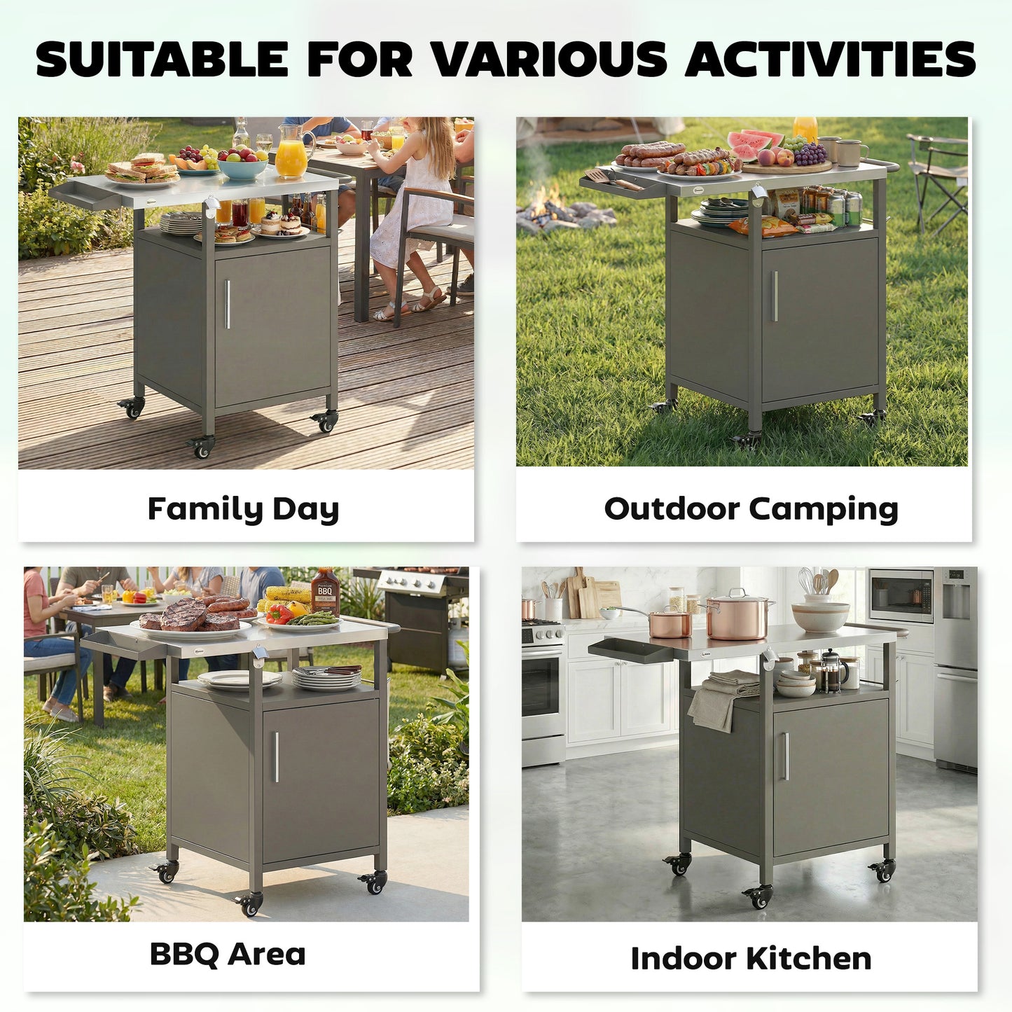 Grill Cart with Stainless Steel Top, Pizza Oven Stand with Cabinet