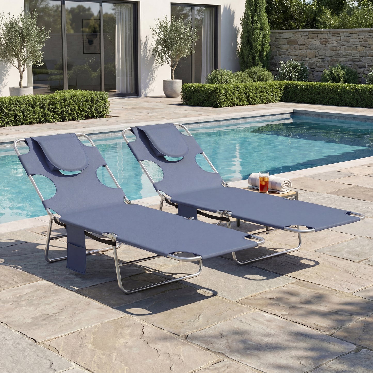 5-Position Adjustable Sun Loungers Set of 2 with Reading Hole
