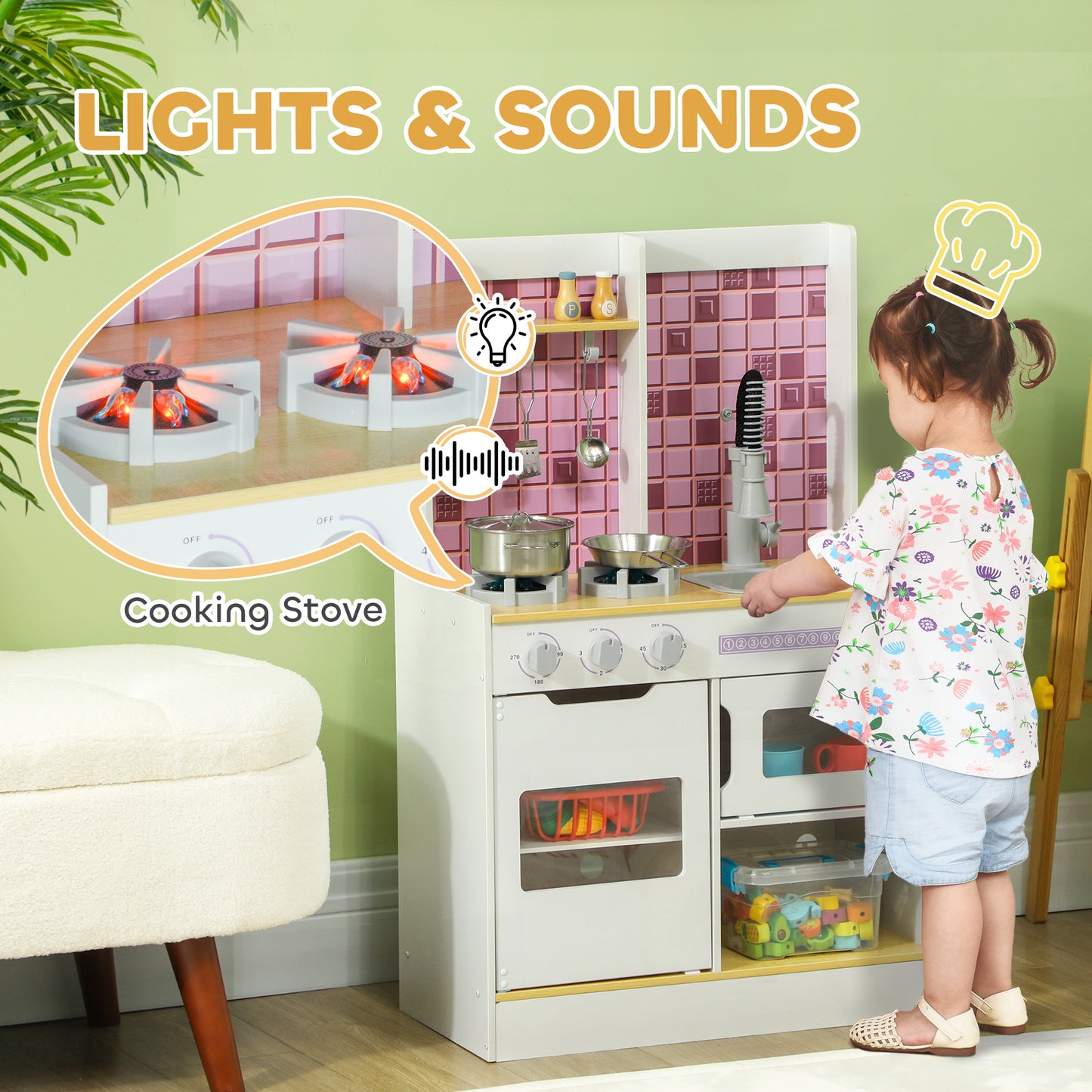 Kids Play Kitchen, Pretend Play Kitchen with Realistic Oven, Stove