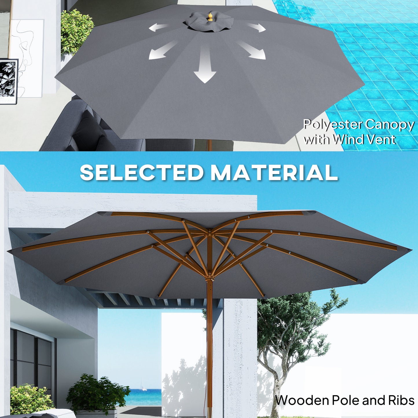 3m Wood Pole Parasol Umbrella