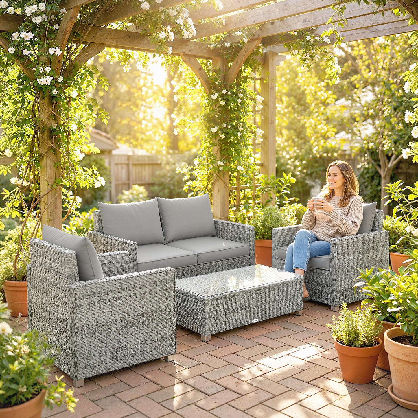 4 Piece Rattan Garden Furniture Set with Loveseat, 2 Armchairs