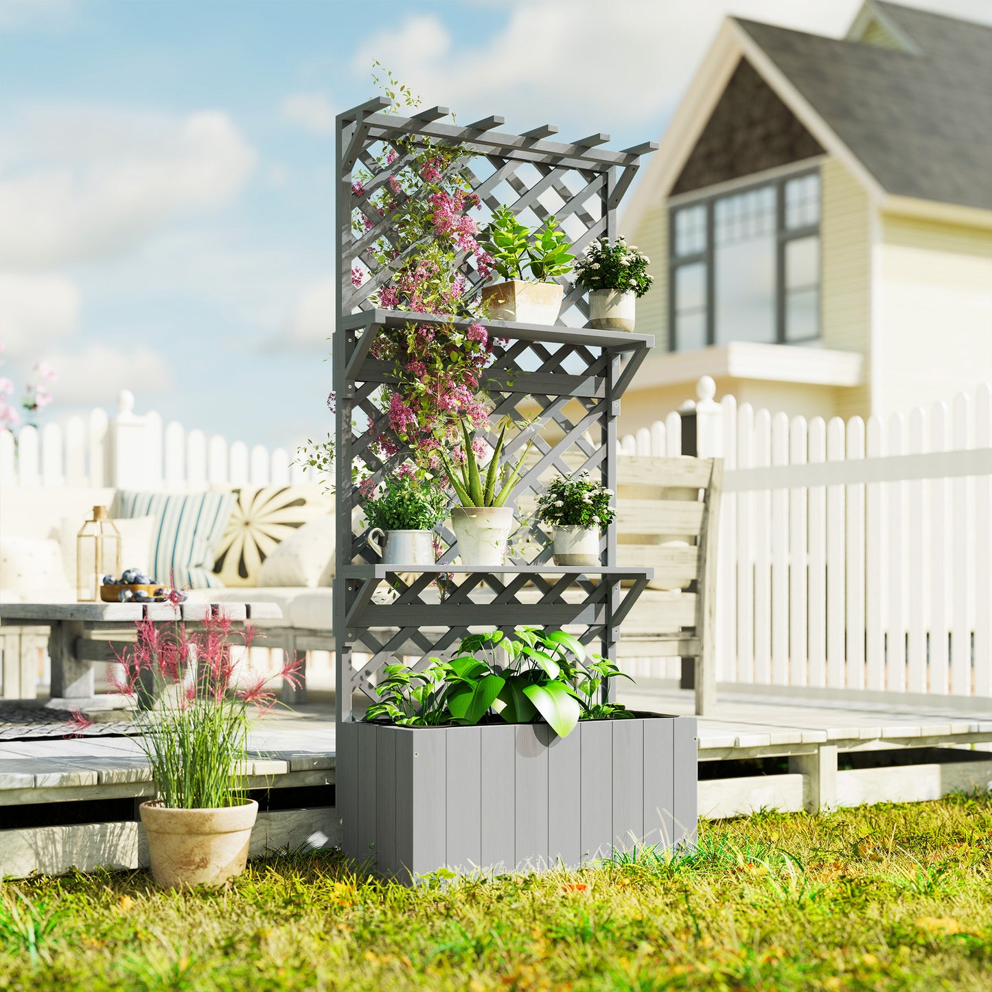 52L Wooden Planter, with Trellis and Shelves