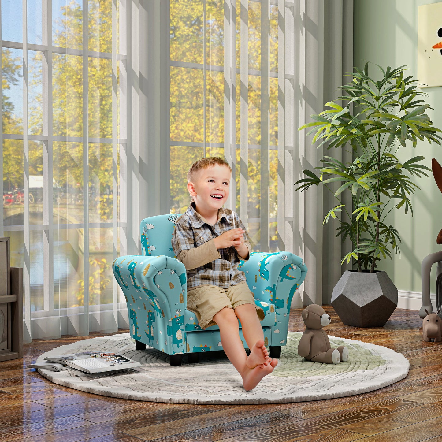 2 Piece Kids Sofa Set with Dinosaur Design, Wooden Frame