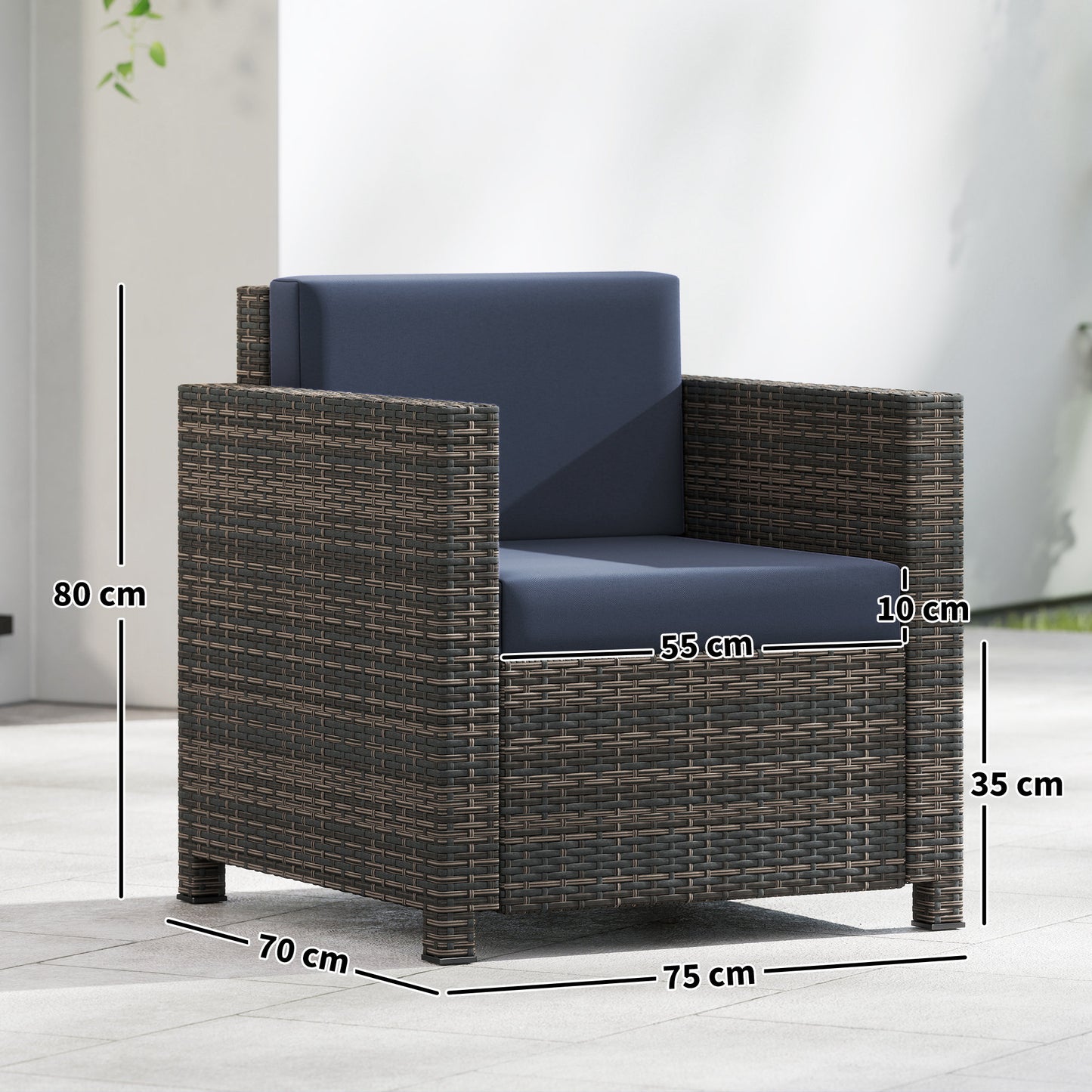 PE Rattan Garden Armchair with Cushion - Mixed Brown/Navy