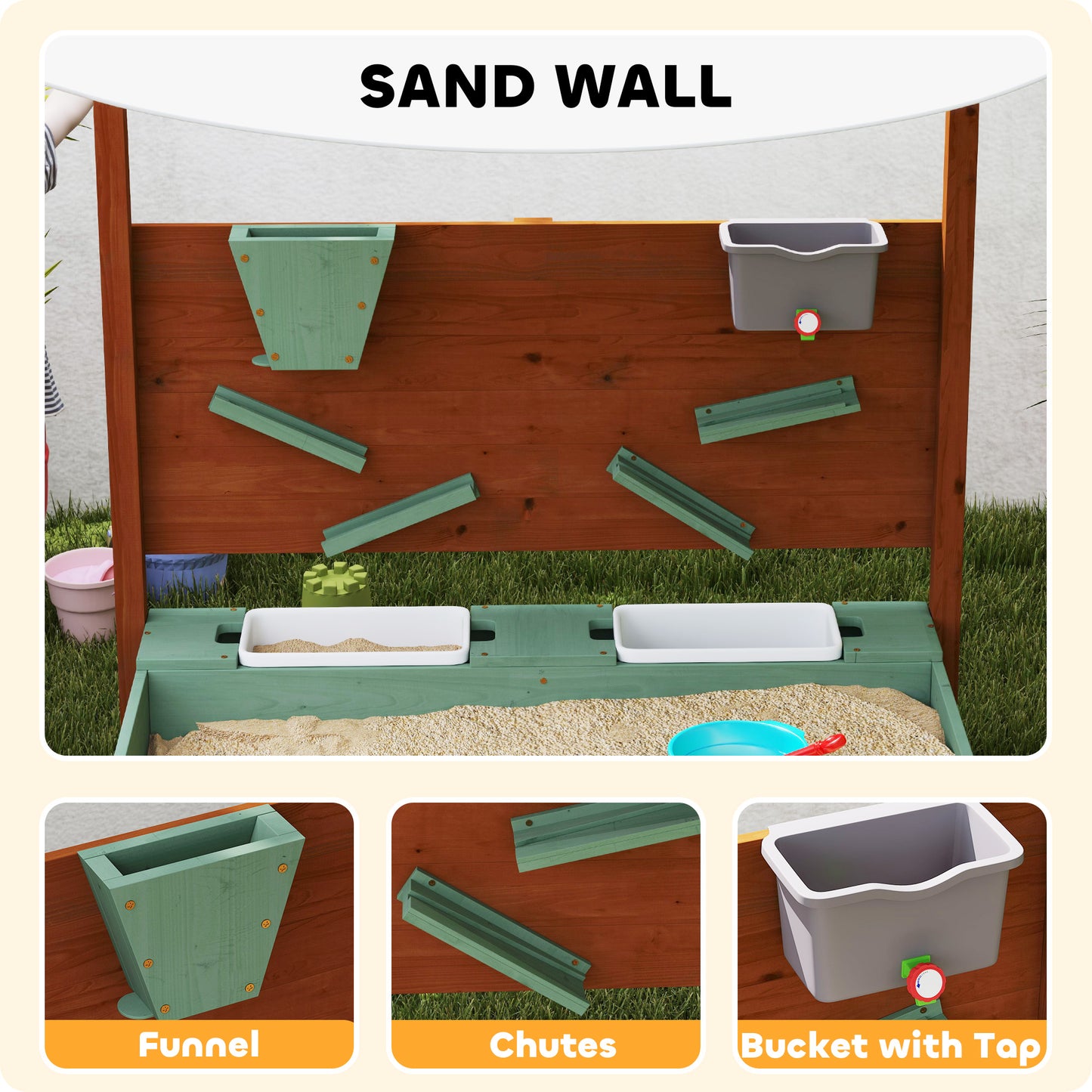 Wood Sandpit with Canopy, Storage Bins, Funnel, Liner, Chutes
