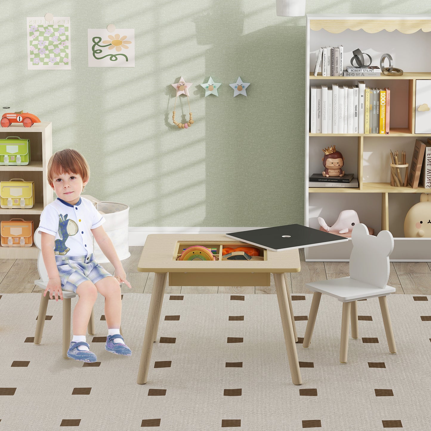 3-Piece Kids Table and Chairs Set with Convertible Desk